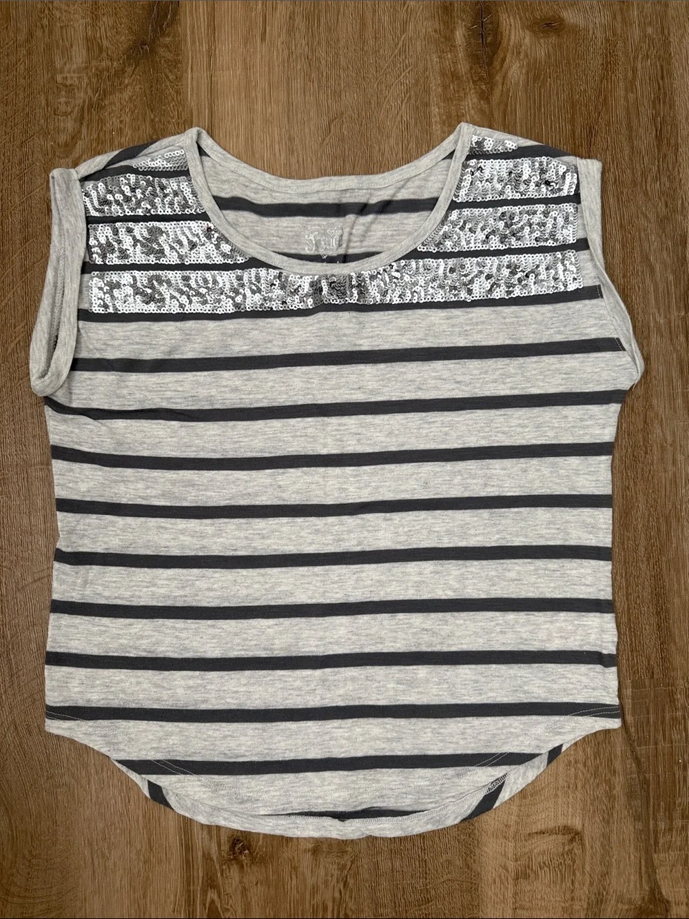 Justice Gray Striped Top with Sequin Accent